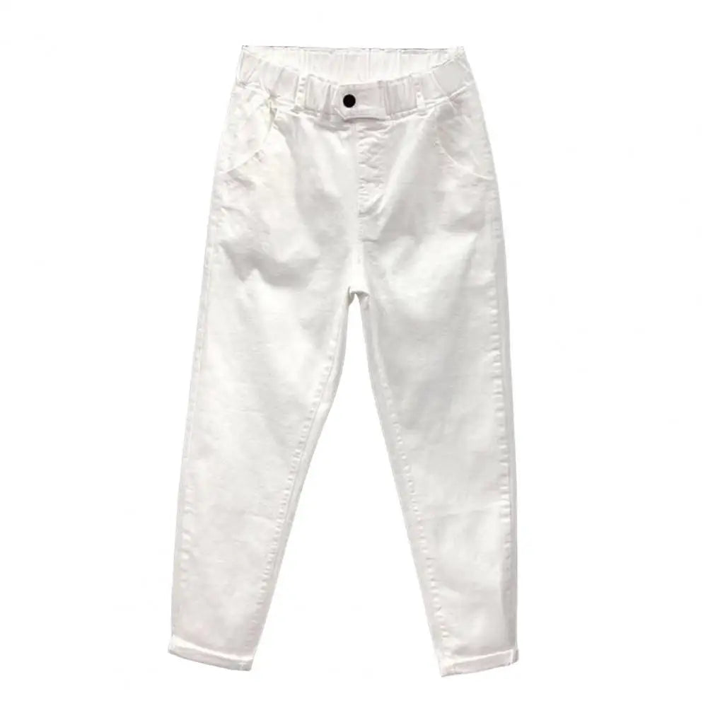 Soft Touch Women Pants Stylish Women's Casual Pants with Elastic Waist Pockets Solid Color Wide Leg Harem for Streetwear White