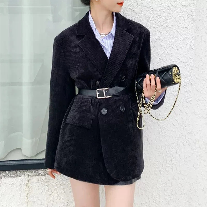 MEXZT Vintage Corduroy Blazer Women Double Breasted Black Suit Jacket Korean Elegant Casual Coat Streetwear All Match Outerwear black