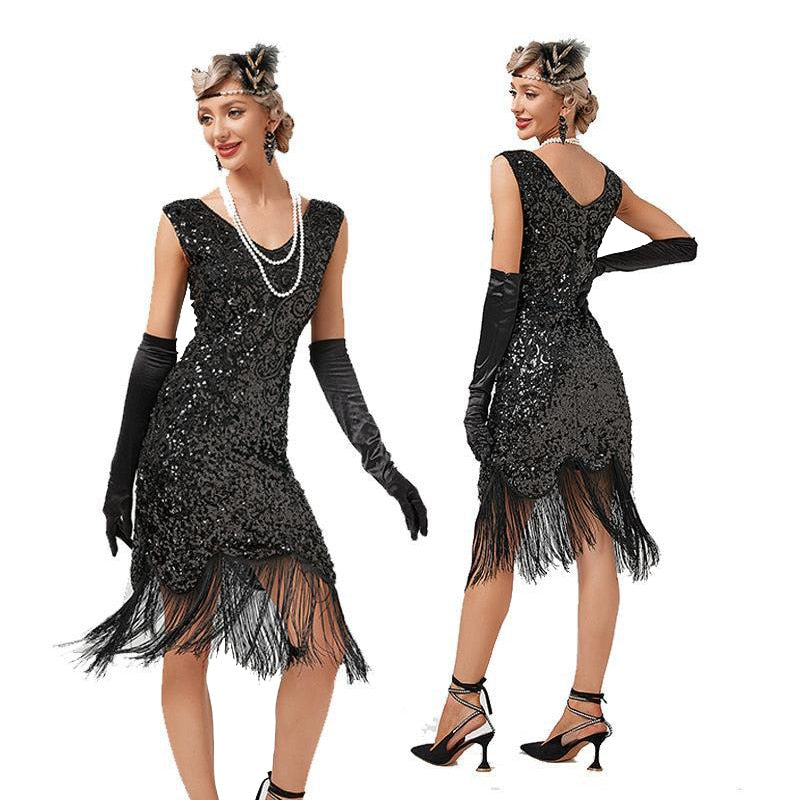 Robe Vintage à franges pour femmes, tenue d'été des années 1920, à franges, pour bal de fin d'année, fête de mariage, paillettes perlées, col rond, Costume des années 30