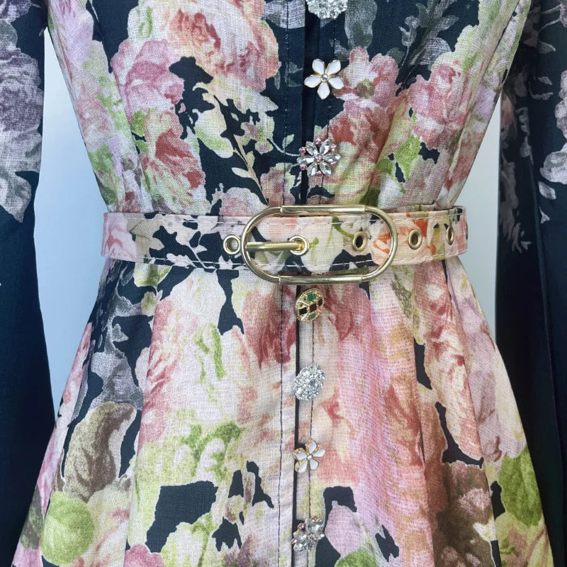 Real Shot Spot Australian Design Single-Breasted Sleeve Cotton Linen Spring And Summer New Midi Dress With Bel