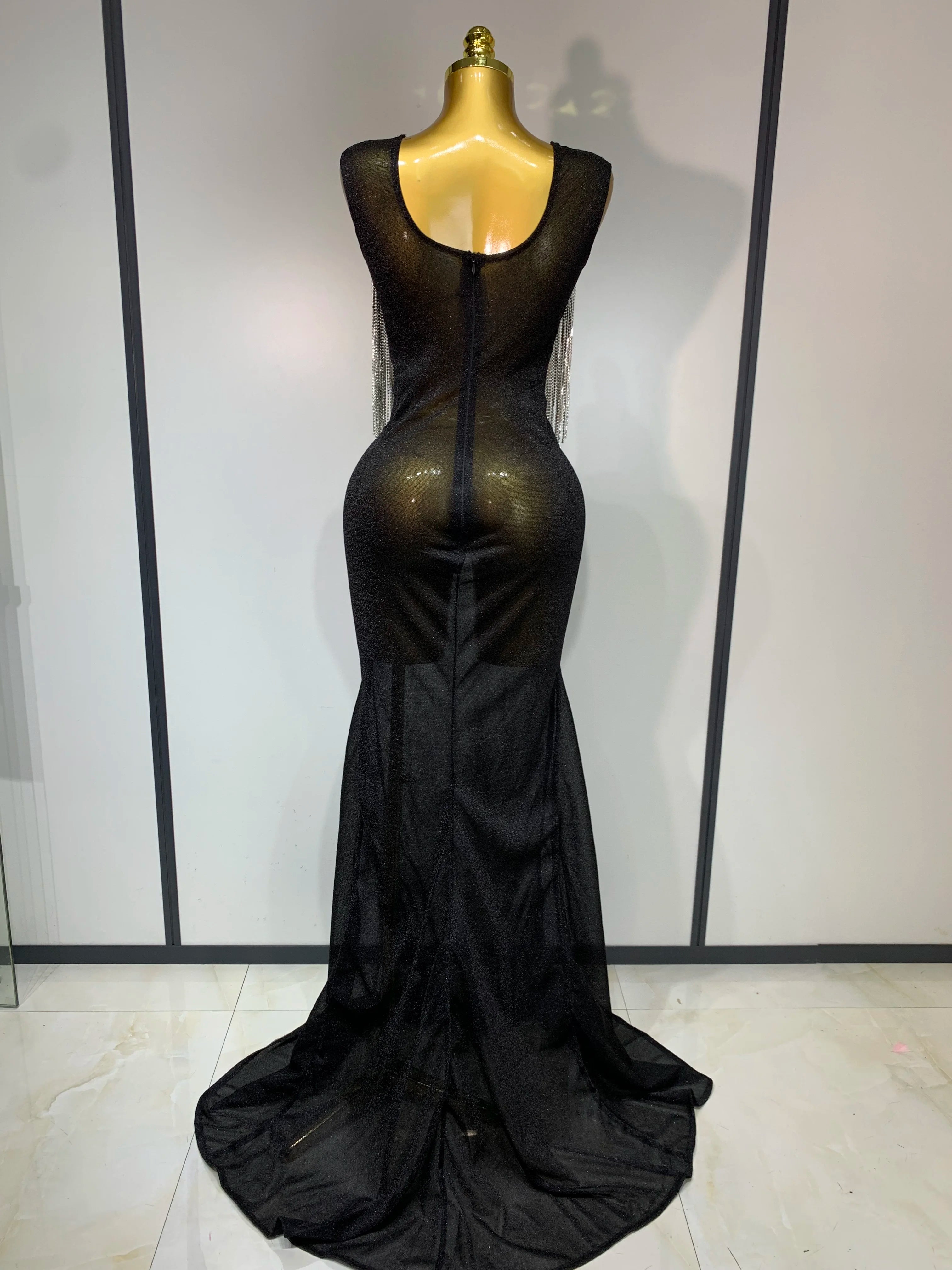 Women Sexy Sparkly Rhinestones chain Celebrity Elegant Maxi Long Dress Luxury Birthday Prom Gowns Stage Show Performance Costume