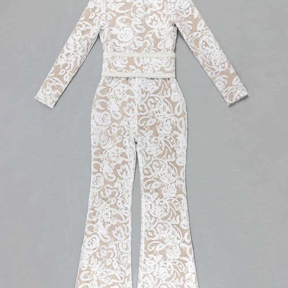 2025 Women'S Light Luxury Sequin Patchwork Bandage Jumpsuit O-Neck Long Sleeved Waistband Flared Jumpsuit Pants Party Jumpsuit