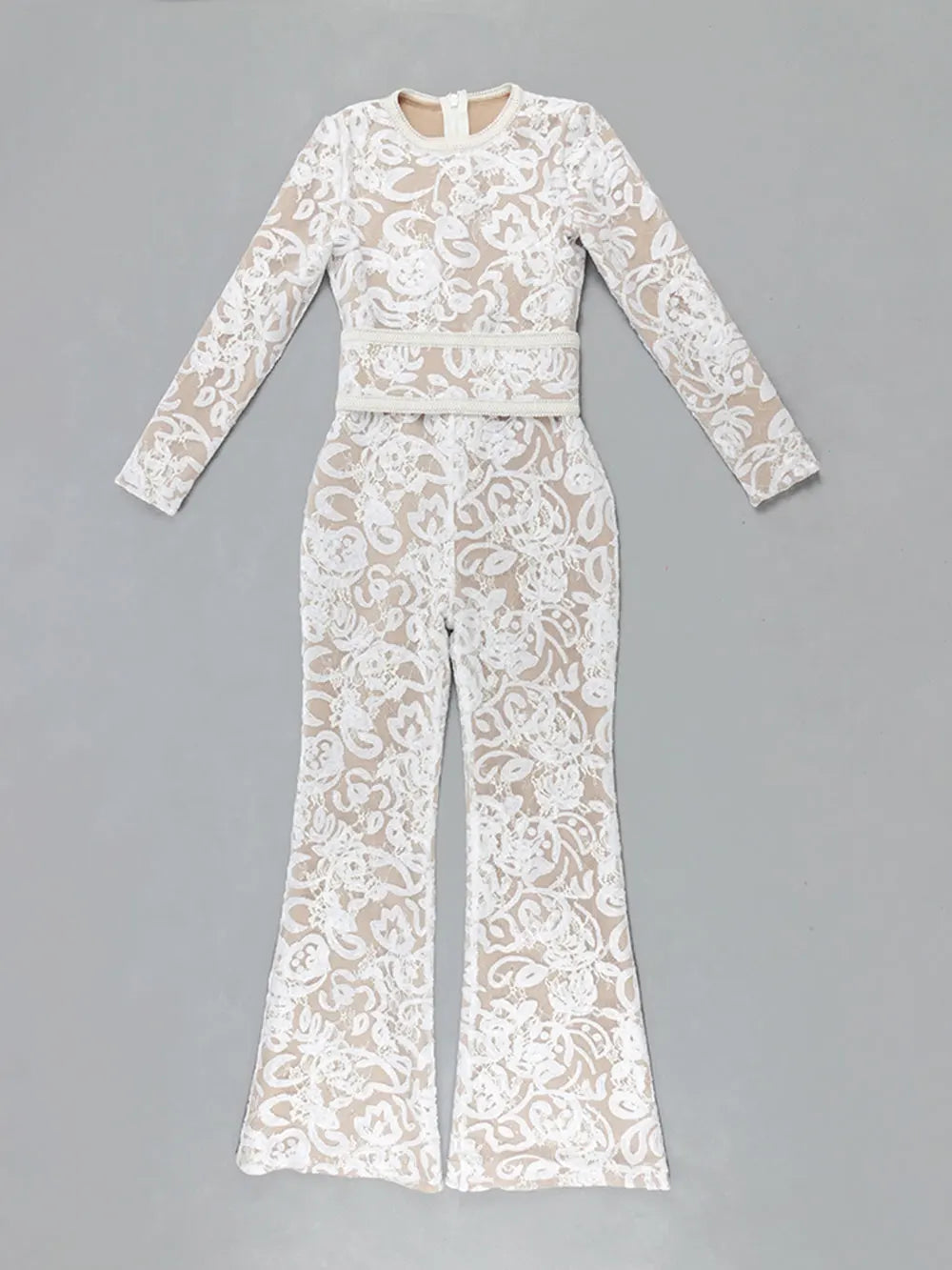 2025 Women'S Light Luxury Sequin Patchwork Bandage Jumpsuit O-Neck Long Sleeved Waistband Flared Jumpsuit Pants Party Jumpsuit