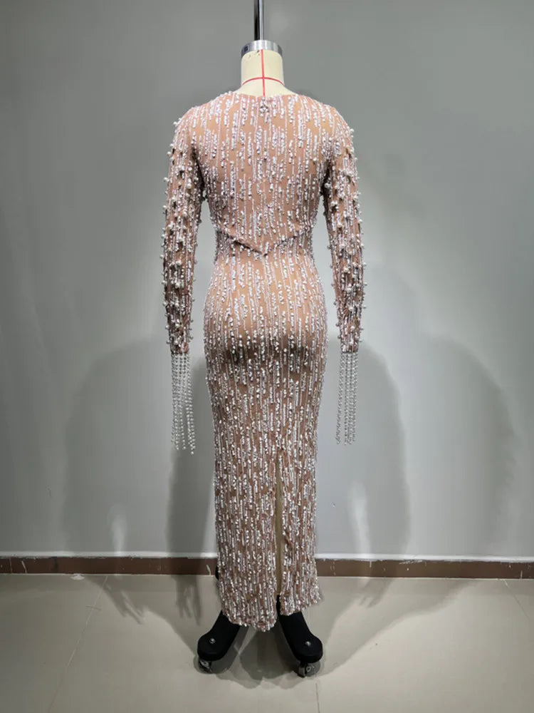 Elegant Evening Party Dress Women Long Sleeve Pearl Beading Bodycon Long Maxi Dress Birthday Party Cocktail Prom Dress