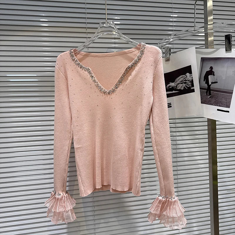 Winter New Sweet Temperament V-Neck Rhinestone Flower Bud Cuff Knitted Sweater For Women Slim Fit Pullover 11A07821
