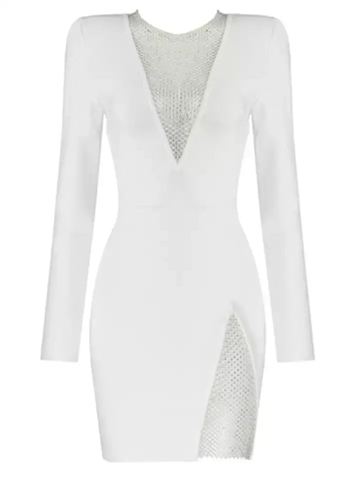 Black New Winter Black Beading Long Sleeve Dress Sexy Hollow Out Sheath Mini Club Celebrity Runway Party Dress WHITE