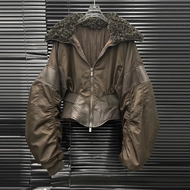 Autumn Winter New Patchwork Leather Waist-Cinching Cotton Jacket For Women Elegant Fur Collar Short Coat 11A07569 Brown