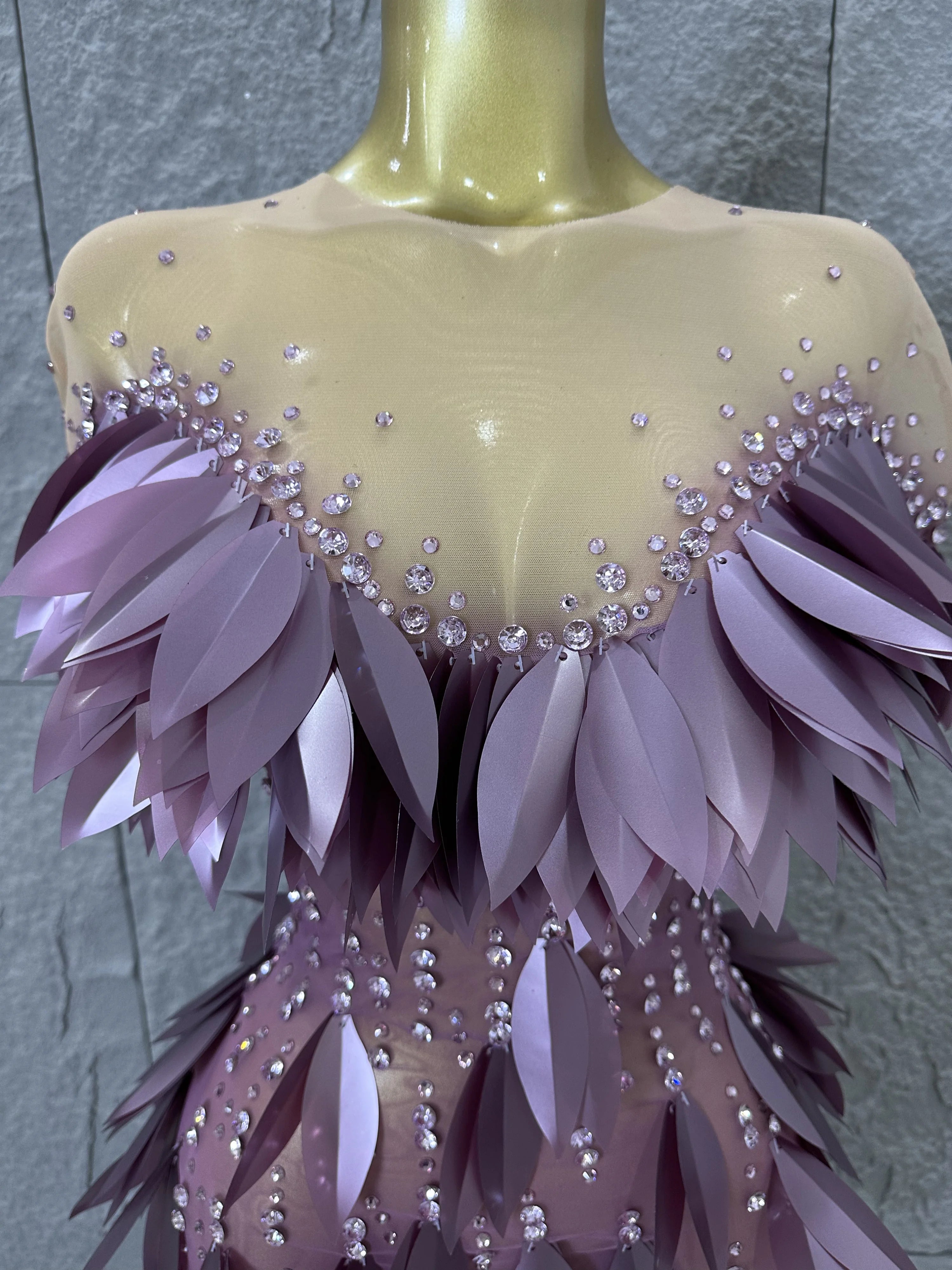 Sparkly 2026 Purple Sheer Mesh Dress Women Sexy Illusion Neck Rhinestone 3D Leaf Fringe Bodycon Evening Gala Nightclub Outfit