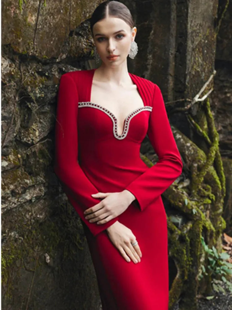 Women Celebrity Sexy Long Sleeve Diamonds Red Maxi Long Bandage Bodycon Dress 2025 Elegant Evening Club Party Outfit Red