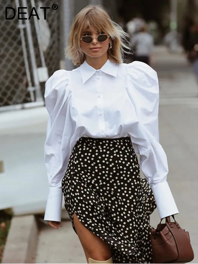 DEAT Fashion Women's Shirt Long Puff Sleeves Lapel Single Breasted White Cotton Straight Blouse Autumn New Tide 7AB1171