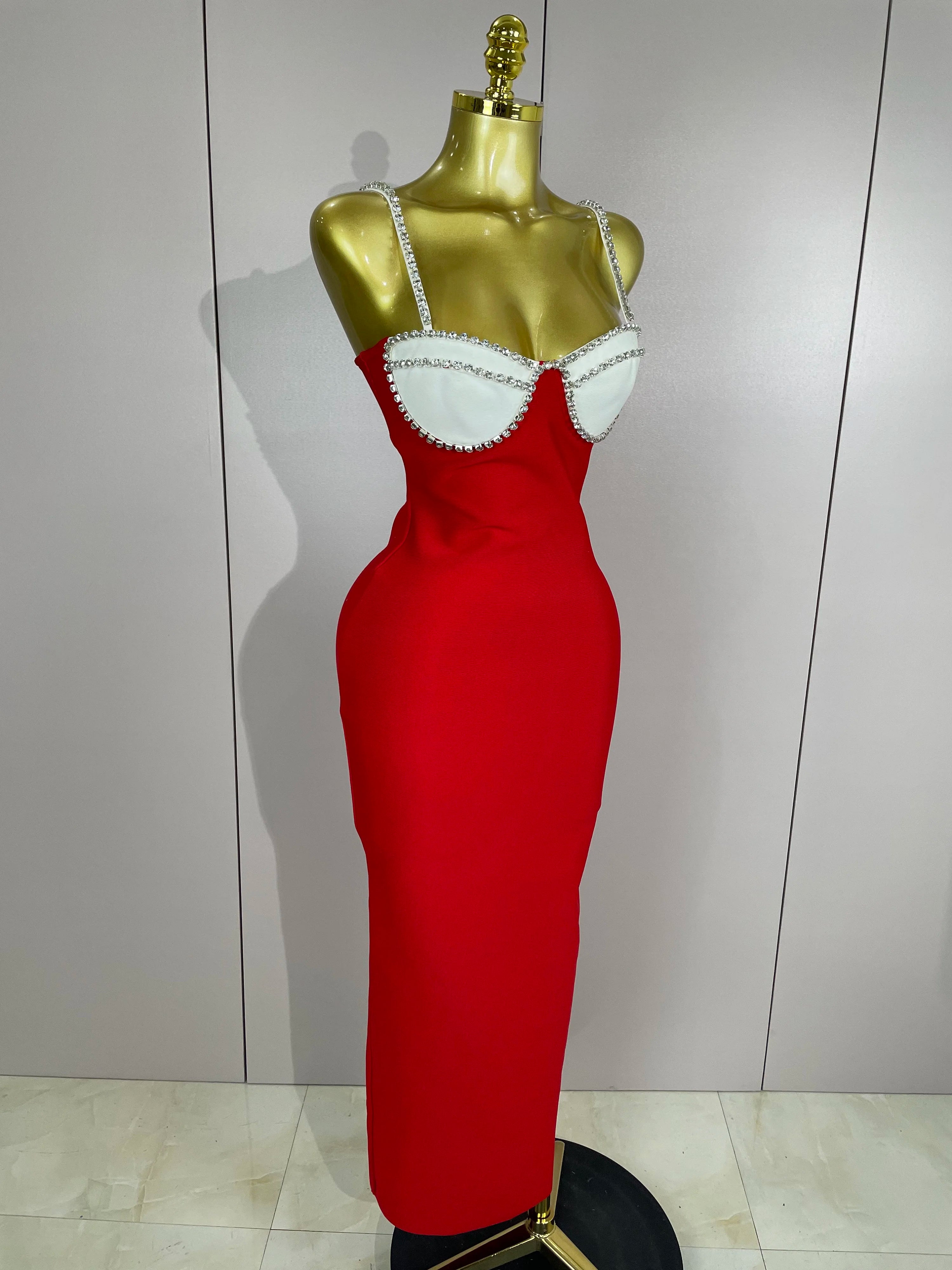 2025 Women Celebrity Sexy Backless Diamonds Patchwork Black Red Maxi Long Bodycon Bandage Dress Elegant Evening Club Party Dress