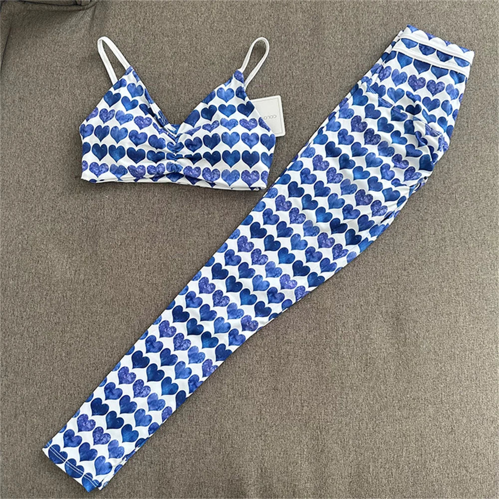 Nylon Women Yoga Set 2PCS Gym Scrunch Workout Pant Female Push Up Bra High Waist Leggings Fitness Sport Wear Active Suits blue heart