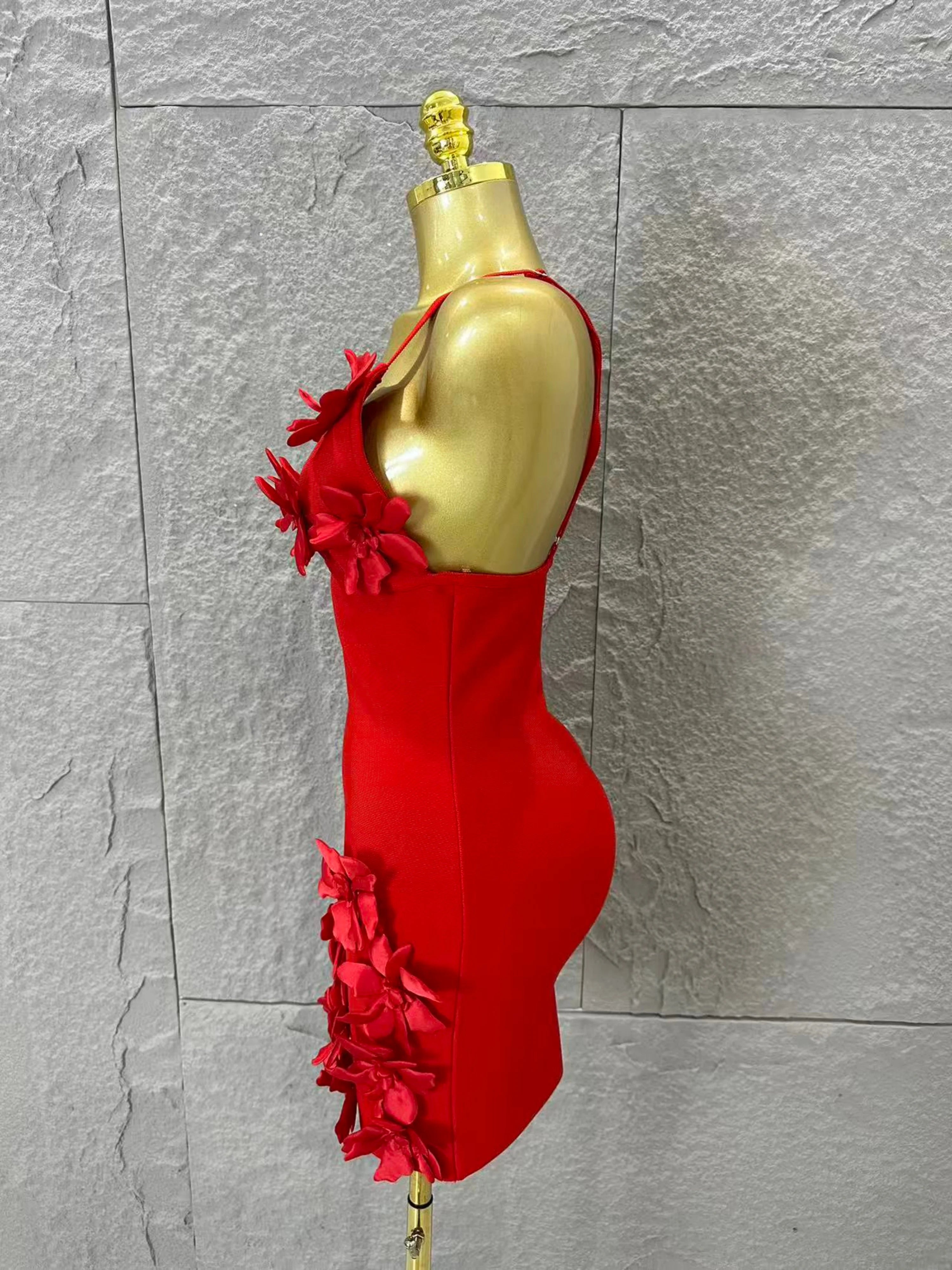 Sexy Deep V Red 3D Flower Applique Dress Slim Fit Bodycon Bandage Night Out Wedding Guest Club Cocktail Evening Party Outfit