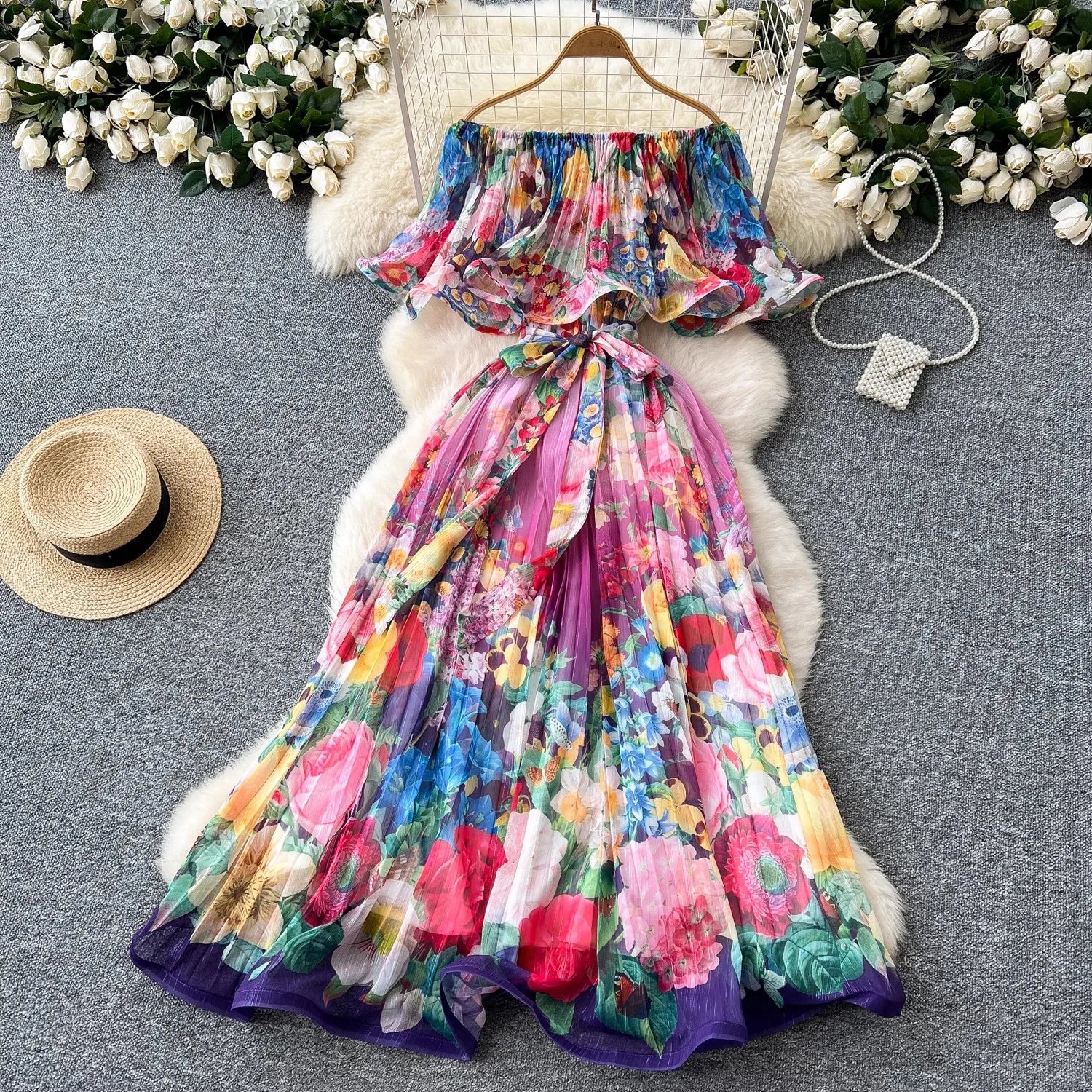 Summer Off Shoulder Gorgeous Flower Holiday Dress Women's Slash Neck Ruffles Batwing Sleeve Print Casual A-Line Beach Vestidos purple