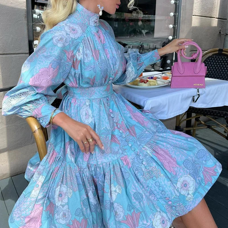 Women Long Sleeve Stand Collar Shirt Dress Spring Autumn Printed Short Dresses Elegant High Waist Party Dresses Vestidos Blue