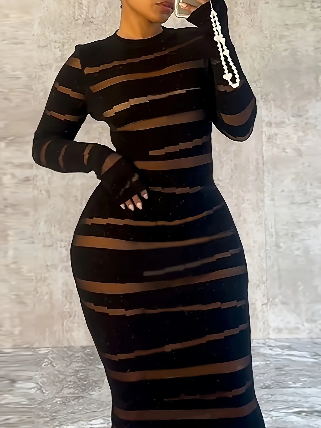 Plus Size Women Clothing Dress Long Sleeve Striped Print O-neck High Waist Spring Night Club Streetwear Mini Dresses Black