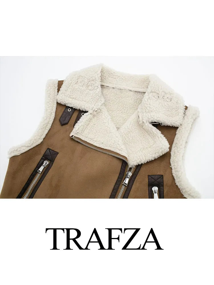 Woman Faux Leather Lambswool Patchwork Sleeveless Vest Autumn Jackets Female Fashion Thickening Warm Zip Waistcoats Coat