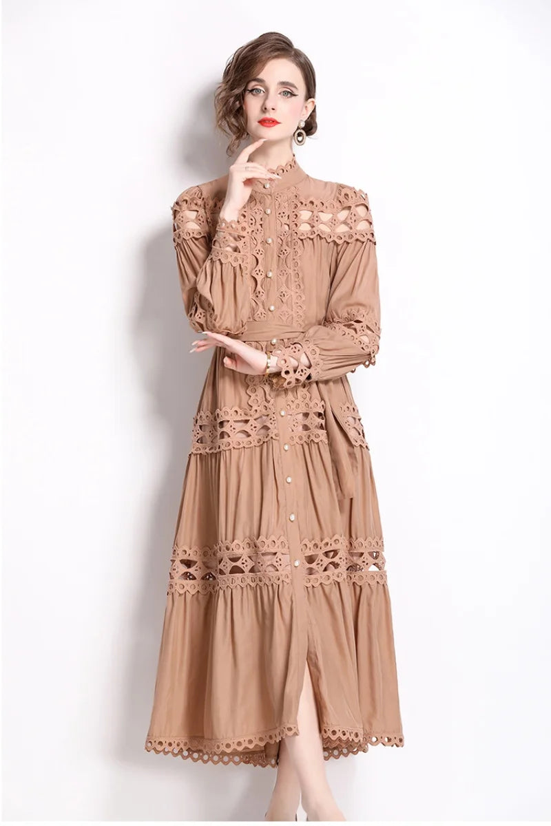 New Spring Autumn Stand Collar Lace Hollowed Out Single Breasted Dress Women's Vintage Elegant Full Sleeve Rnnway Long Dress