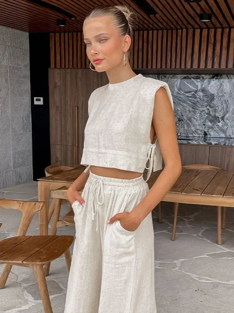 Casual Linen Lace Up Hollow Out Top Pants Sets Women O-neck Sleeveless Crop Tank Drawstring Trouser Suits Female Beach Outfits