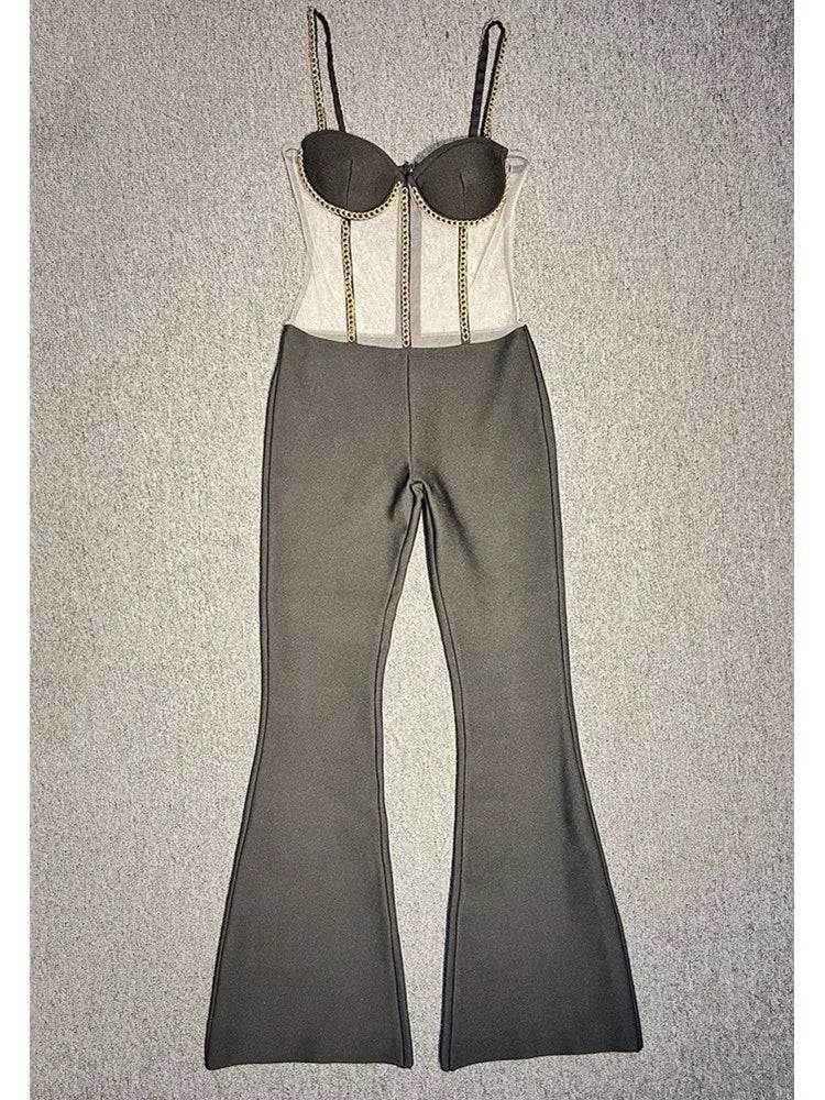 Chic Women Luxury Sexy Sleeveless Mesh Chain Black Bodycon Bandage Jumpsuit 2024 Celebrity Designer High Street Rompers