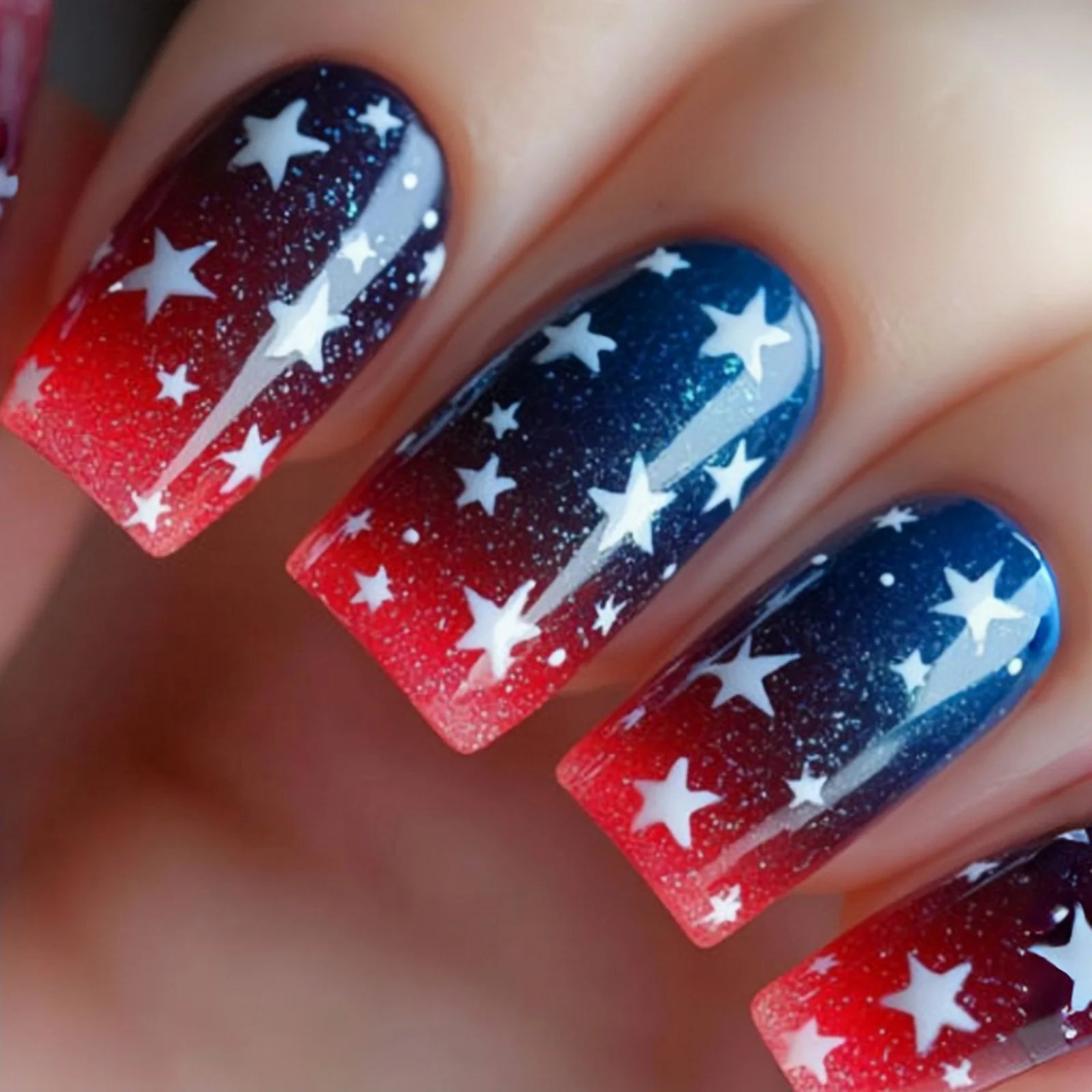 24pcs/set Short Medium square ballet fake nails tip for American Independence Day blue red flowers star flag press on false nail 2076