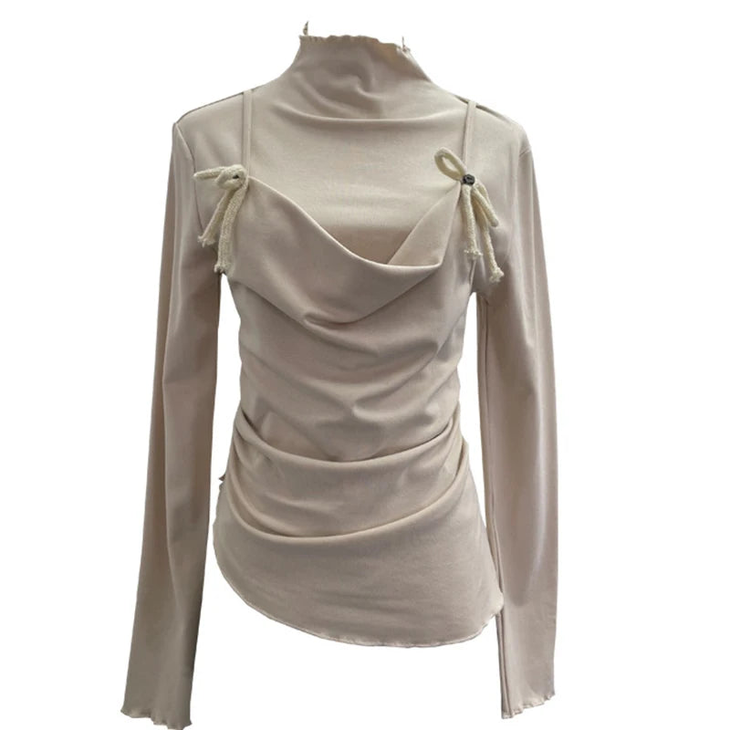 DEAT 2026 Spring New Lace-up Camisole Fake Two-piece Long Sleeve T-shirt For Women Fleece Inner Layer Base Shirt Top 11A07917