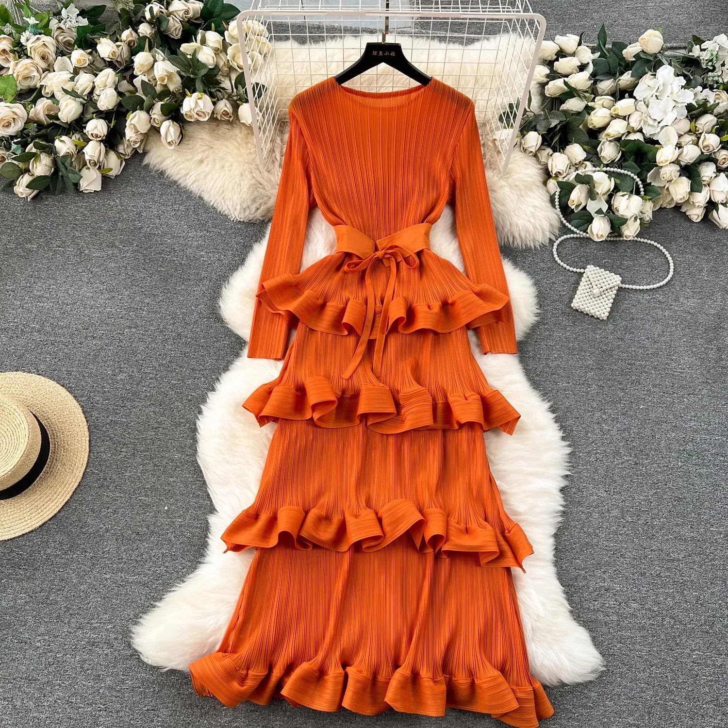 Miyake Multi-layer Cascading Pleated Dress Women O Neck Long Sleeve Solid Color Ruffles Cake Belt Dress Female Party Clothing Orange color One Size