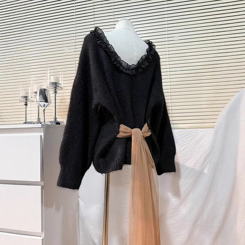 Autumn Winter New Design Backless Bow Knitted Sweater Top For Women Loose Soft Niche Pullover Female Trendy 11A07622