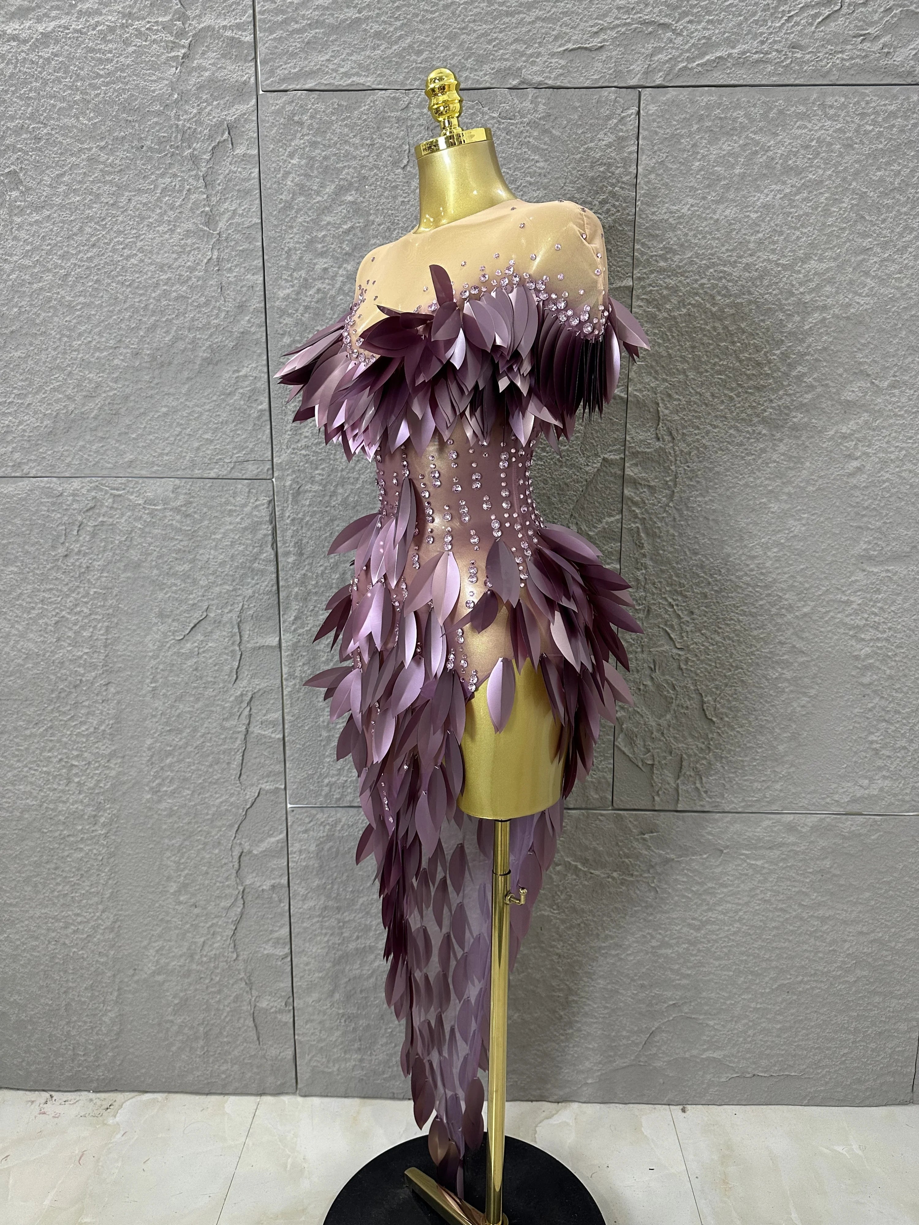 Sparkly 2026 Purple Sheer Mesh Dress Women Sexy Illusion Neck Rhinestone 3D Leaf Fringe Bodycon Evening Gala Nightclub Outfit