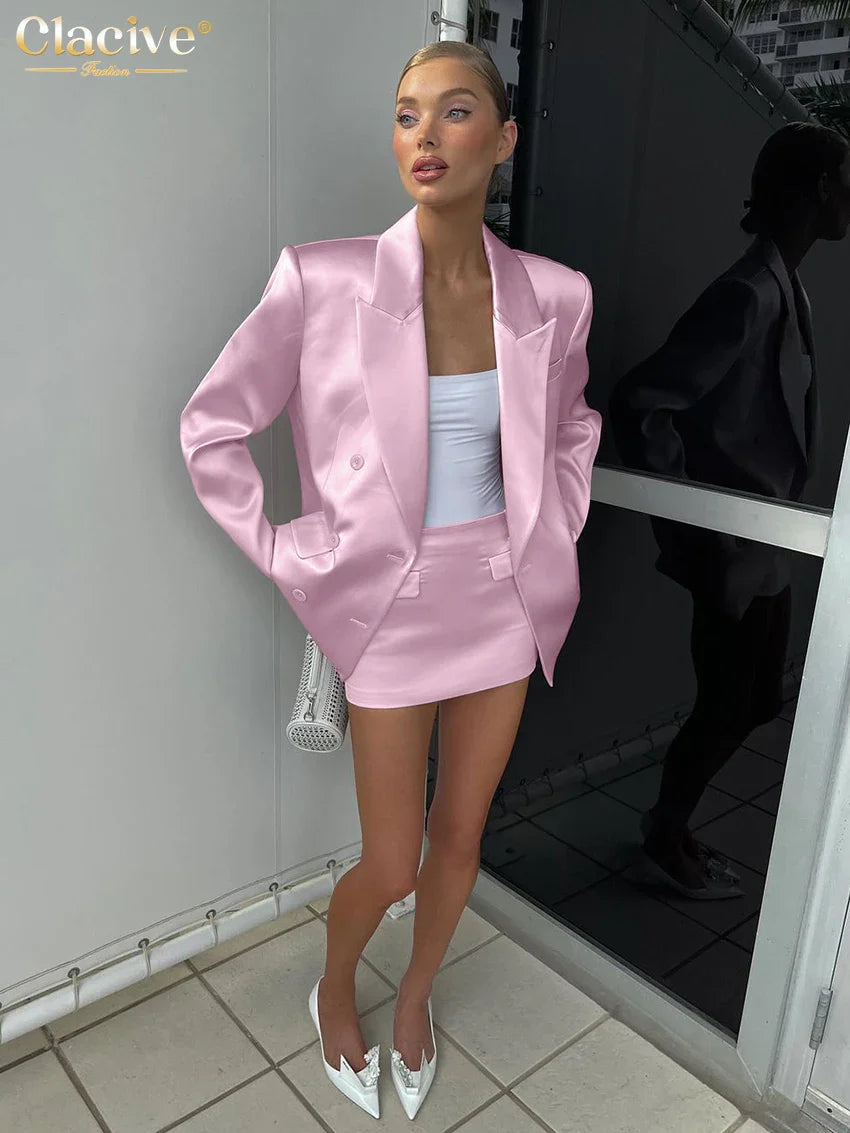 Clacive Fashion Loose Pink Satin 2 Piece Sets Women Outfit Elegant Long Sleeve Blazer With Mid Waist Mini Skirts Set Female