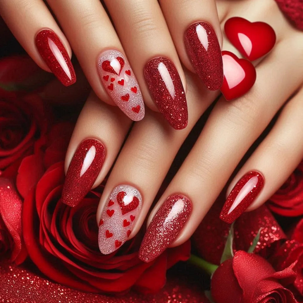 24pcs Romantic Valentine's Day Press on Nails Pink Love Couple False Nails Wearable Spicy Girl Square Head Fake Nails for Women 3