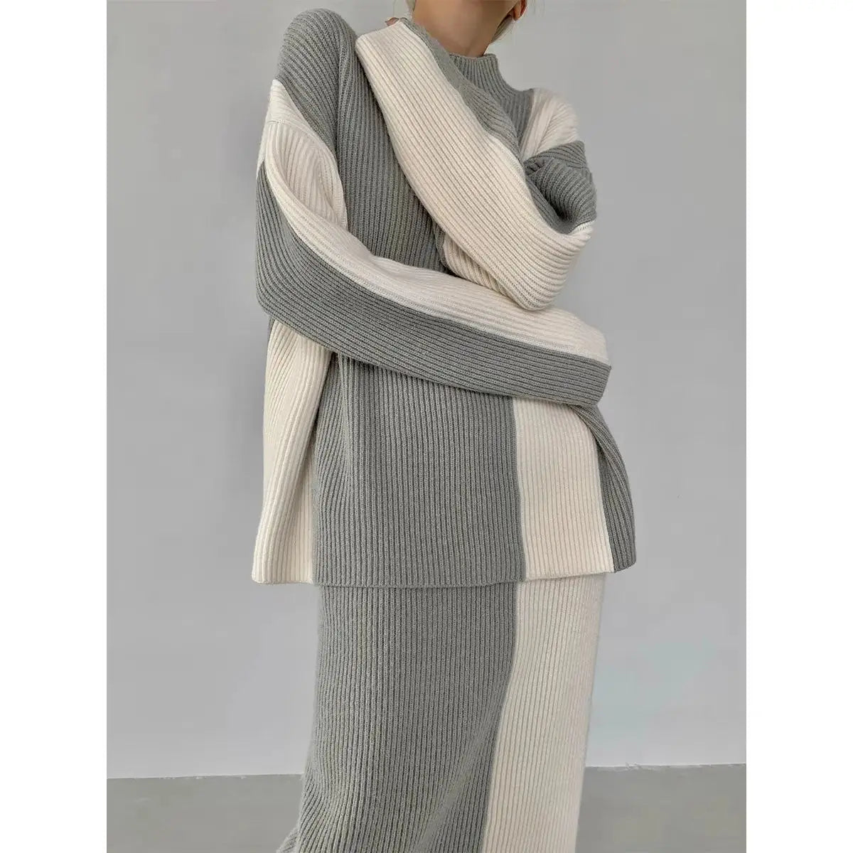 2023 new knitted women thickened turtleneck color-blocked sweater skirt y2k Korean style lazy slim two-piece suit 1 2