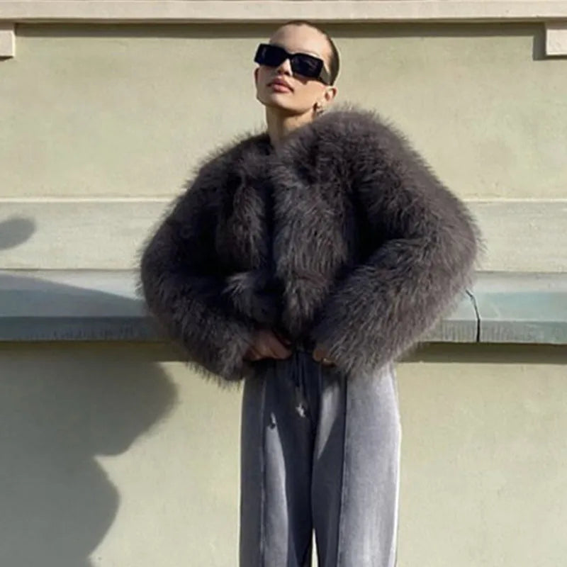 Short Faux Fur Coats Women Plush Autumn Winter O-neck Open Stitch Loose Women's Coat Long Sleeve Casual Jacket Female Streetwear