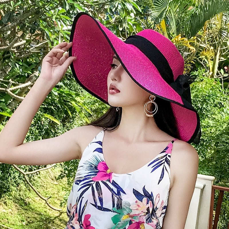 Seaside Photo Beach Straw Hat Children Summer Large Brim Sunscreen Shading Simple Fashion Large Brimmed Hat Sun Hat Beach Hat Black edged rose red Adjustable 55 60cm