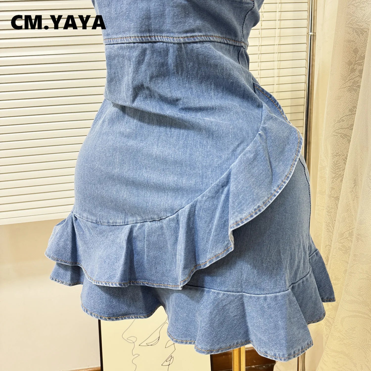 Women Spaghetti Strap V-neck Ruffles Hem Denim A-line Mini Dress 2025 Chic Birthday Night Club Party Vestidos Dresses