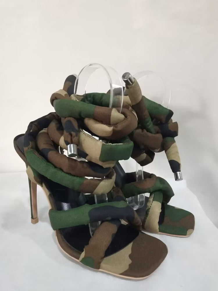 Summer New Square Head Slim High Heel Sandals Wrapped Around The Feet Fashion Show Dress 43 Large Women's Sandals camouflage