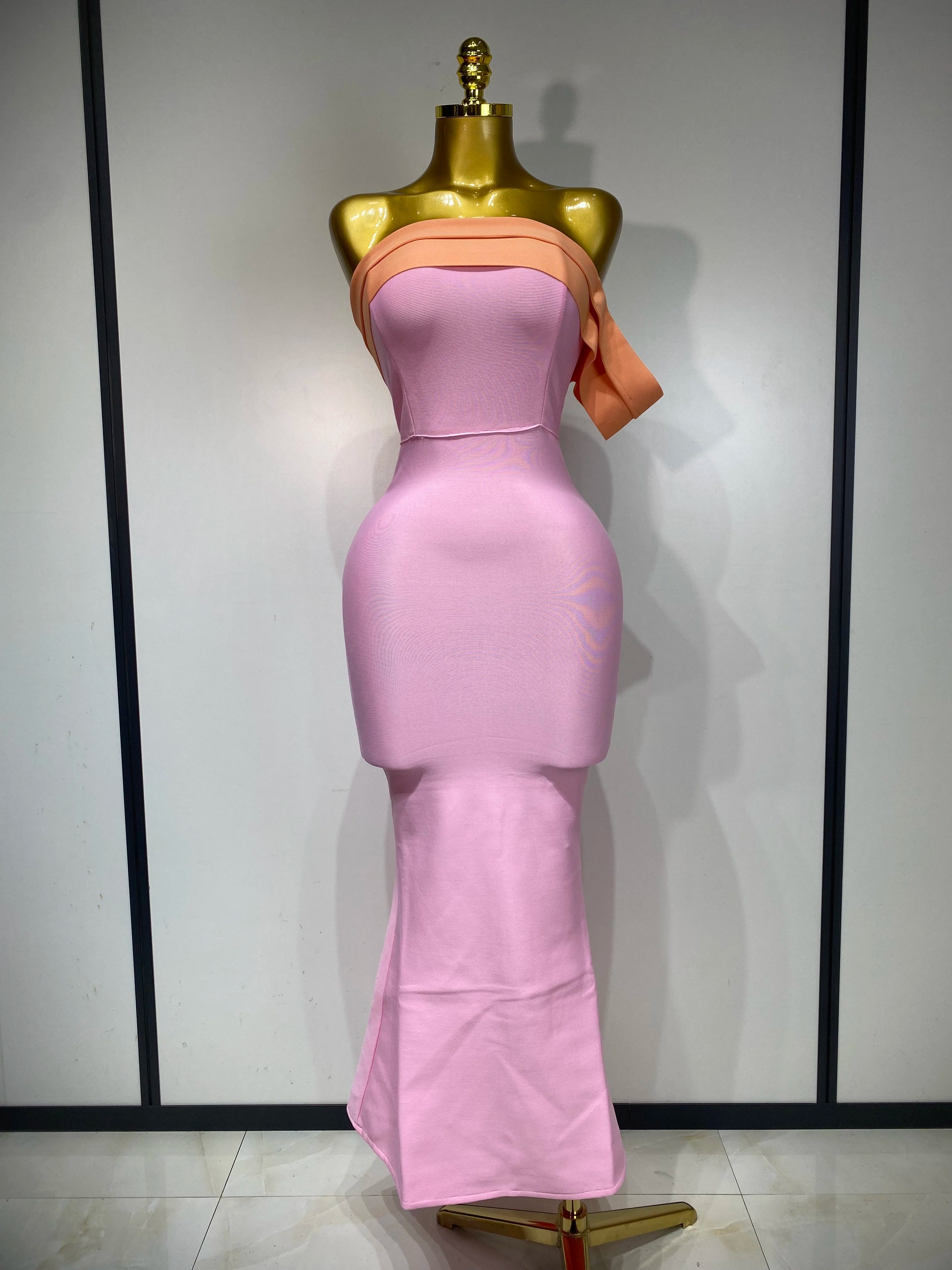 Women Sexy One Shoulder Color Block Bodycon Bandage Dress 2025 Celebrity Elegant Evening Club Luxury Birthday Party Outfit Pink