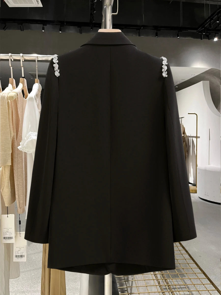 Solid Loose Spliced Button Casual Jackets for Women Lapel Long Sleeves Patchwork Bead Jacket Female Fashion Clothes