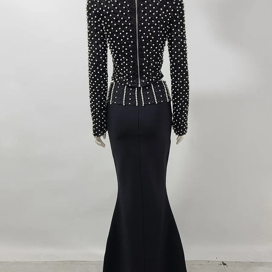 Women Long Sleeve Sexy Beading Tops 2 Pieces Bodycon Bandage Skirt Set Elegant Evening Party Celebrate Outfit