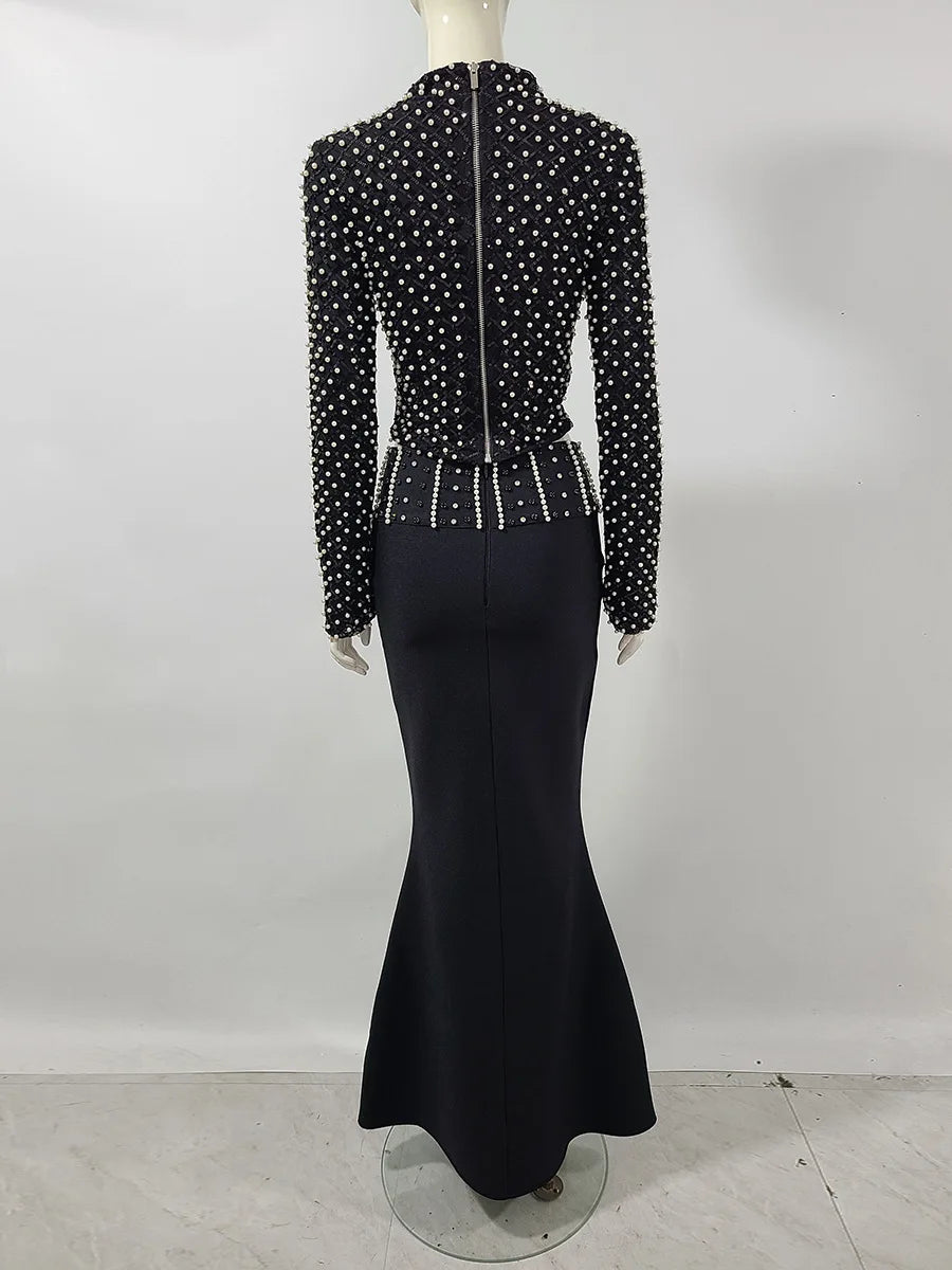Women Long Sleeve Sexy Beading Tops 2 Pieces Bodycon Bandage Skirt Set Elegant Evening Party Celebrate Outfit