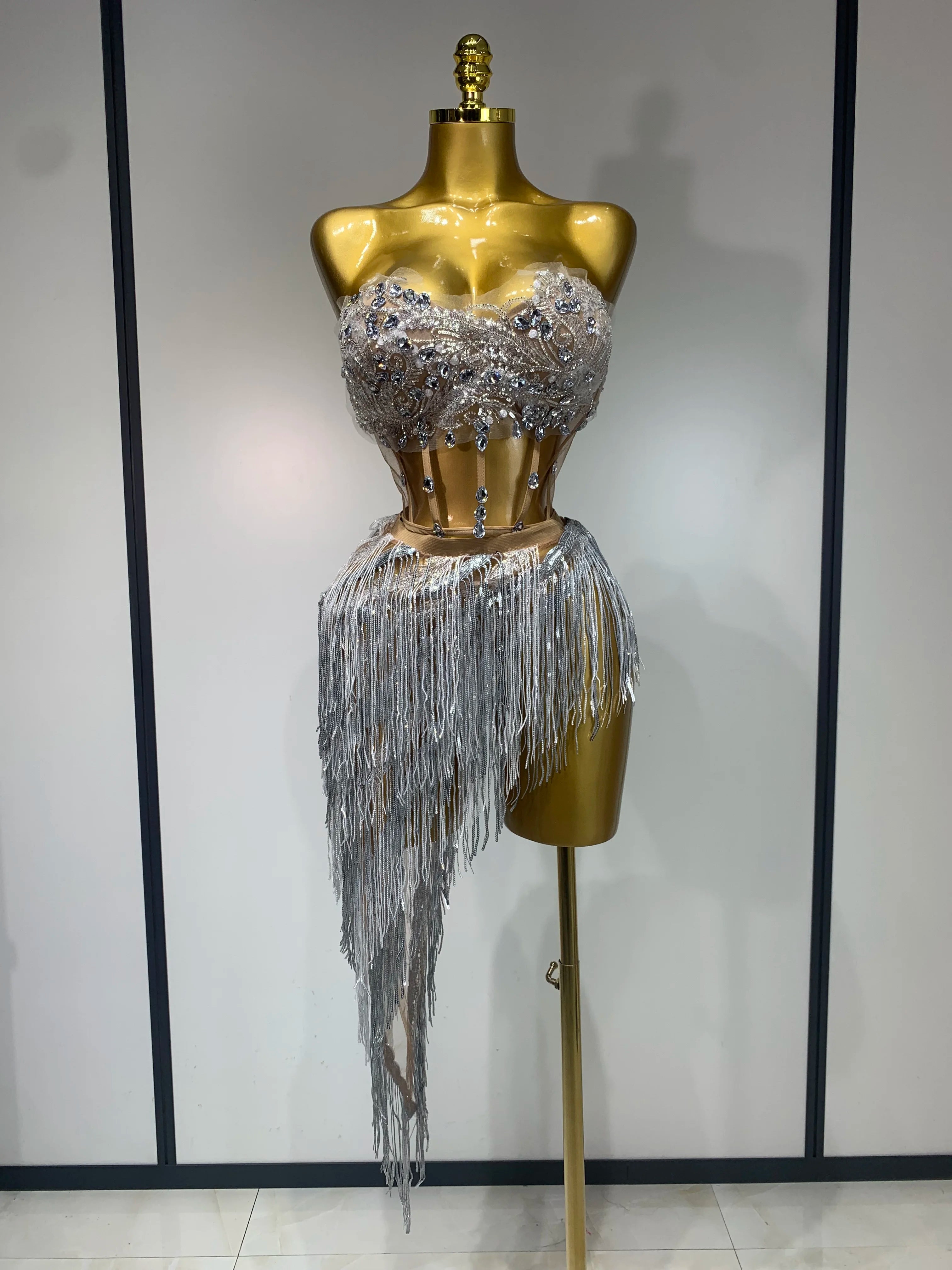 Women Sexy Singer Dancer Performan Costume Nightclub Bar Girl Sparkly Diamond Tassel Two Piece Set Evening Party Birthday Outfit Silver