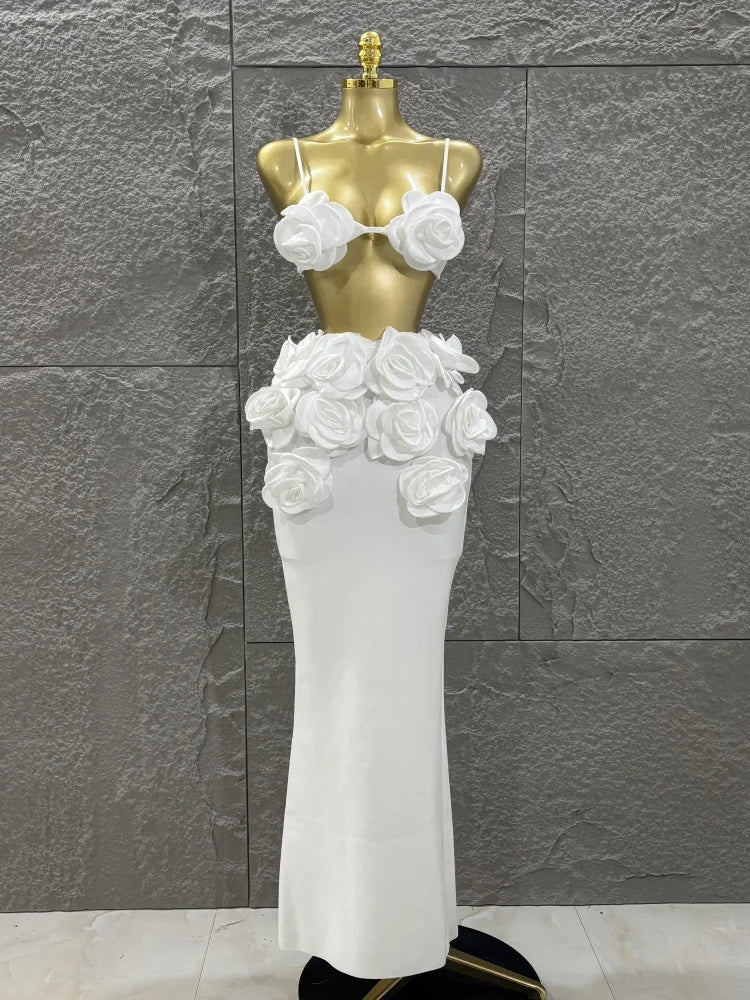 Hot Sale Women Sexy Strap Florlas 2 Pieces Bodycon Long Bandage Dress Nightclub Party Bar Singer Celebrate Birthday Outfit