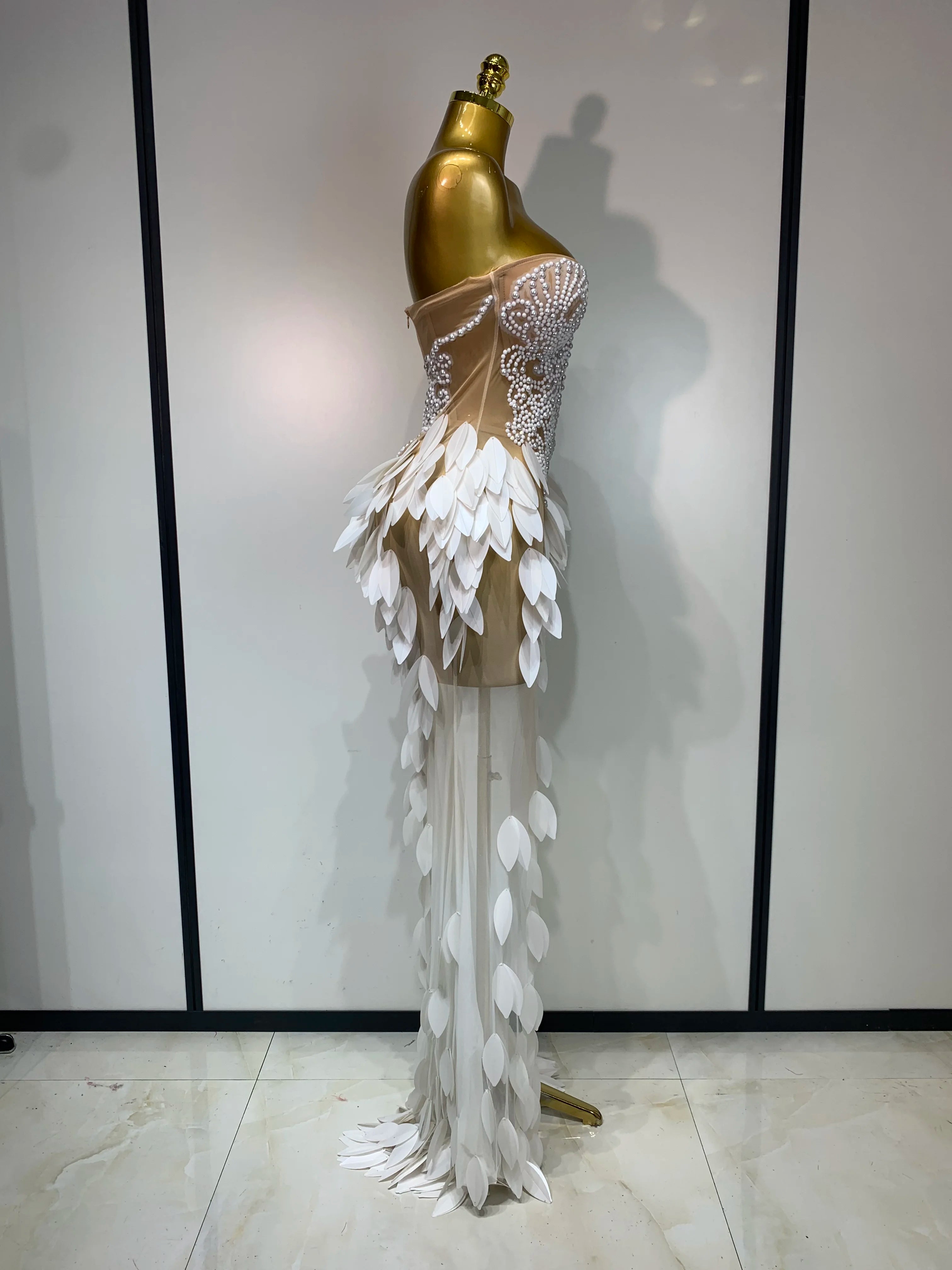 Elegant Pearl Dress Sexy Transparent Mesh Maxi Long Dresses Women Evening Party Wedding Gown Red Carpet Celebrity Stage Outfit