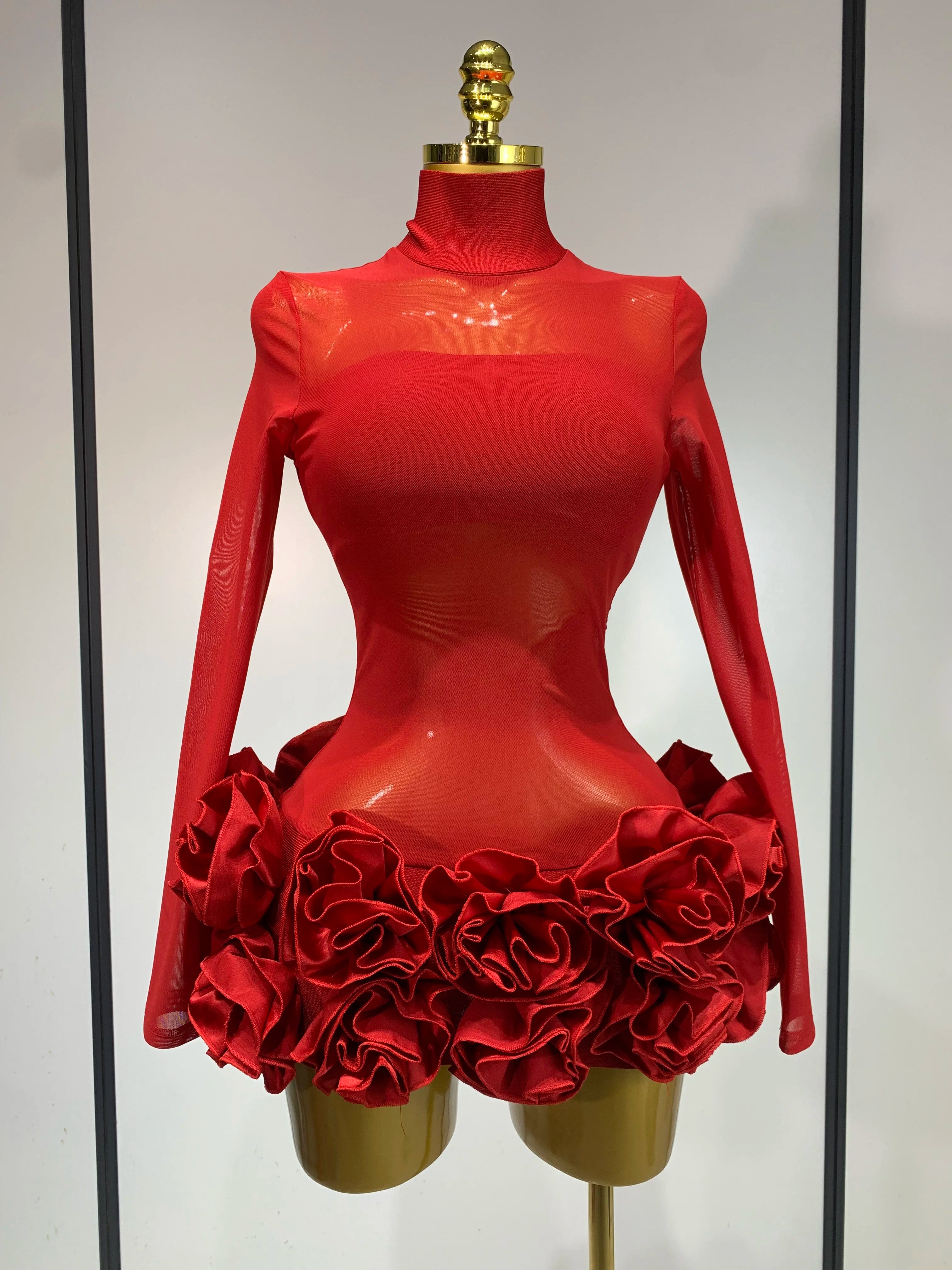 Women Sexy Mesh See through Stereoscopic Flowers Red Mini Bandage Dress Birthday Party Evening Dress Club Singer Perform Costume Red