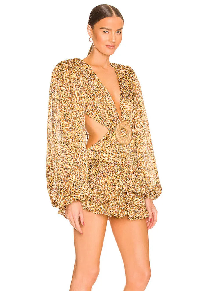 Women Summer Style Sexy Long Sleeve Hollow Out Floral Pleated Mini Bodycon Dress 2022 Elegant Evening Party Dress