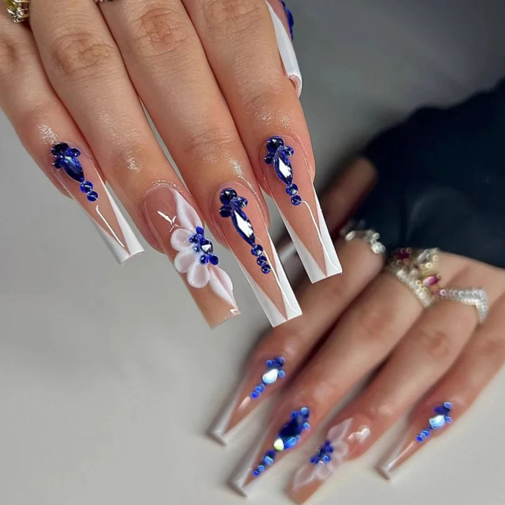 24Pcs Long Ballet False Nails with Butterfly Rhinestone Design Coffin French Fake Nails Purple Press on Nails Wearable Nail Art 172