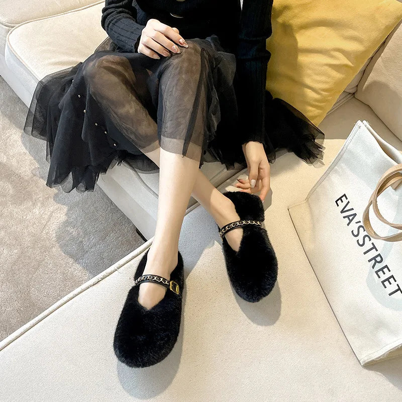 2023 winter women's outerwear shoes Plush warm anti-ski boots Ladies' casual flats fashion design party and work wear 41-43 black