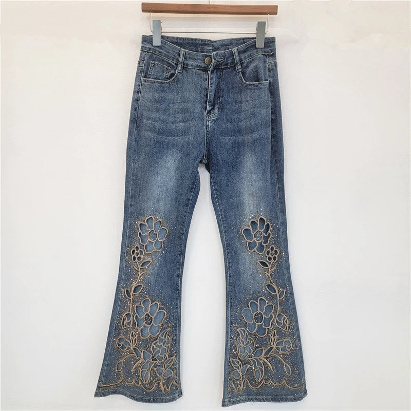 New Fashion Heavy Industry Rhinestone Versatile Jean For Women High Waist Floral Hollow-out Flared Denim Pant 11A07875 Blue