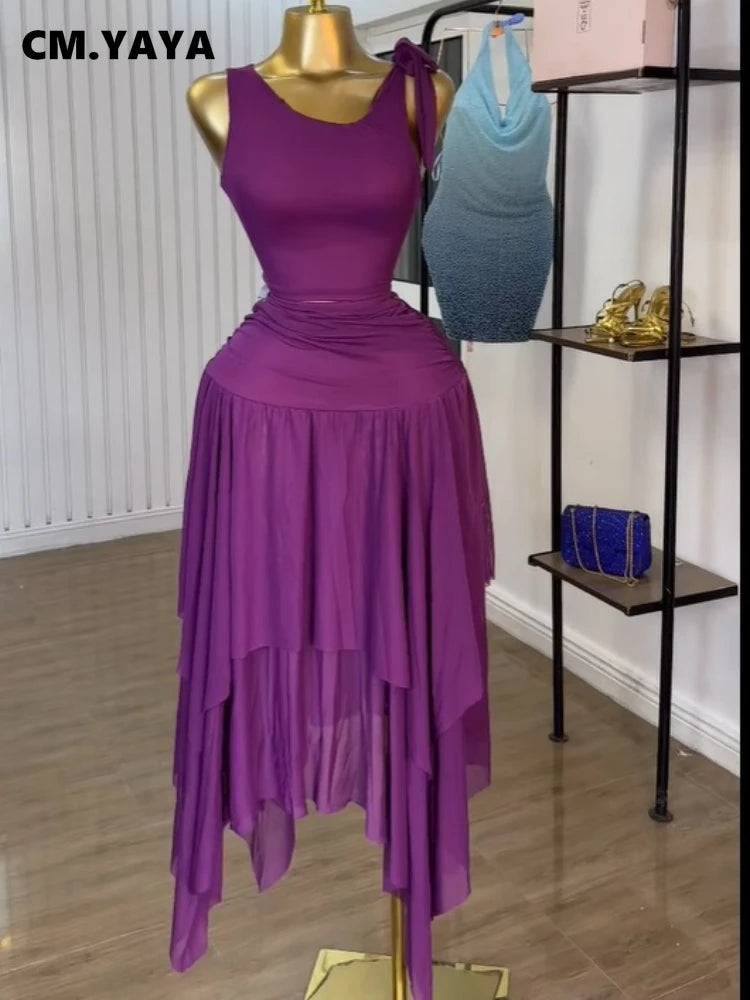 CM.YAYA Women Tie Up Shoulder Sleeveless Knit Tank Top and Irregular Maxi Long Skirt Suit 2025 Summer Two 2 Piece Set Outfits Dark Purple