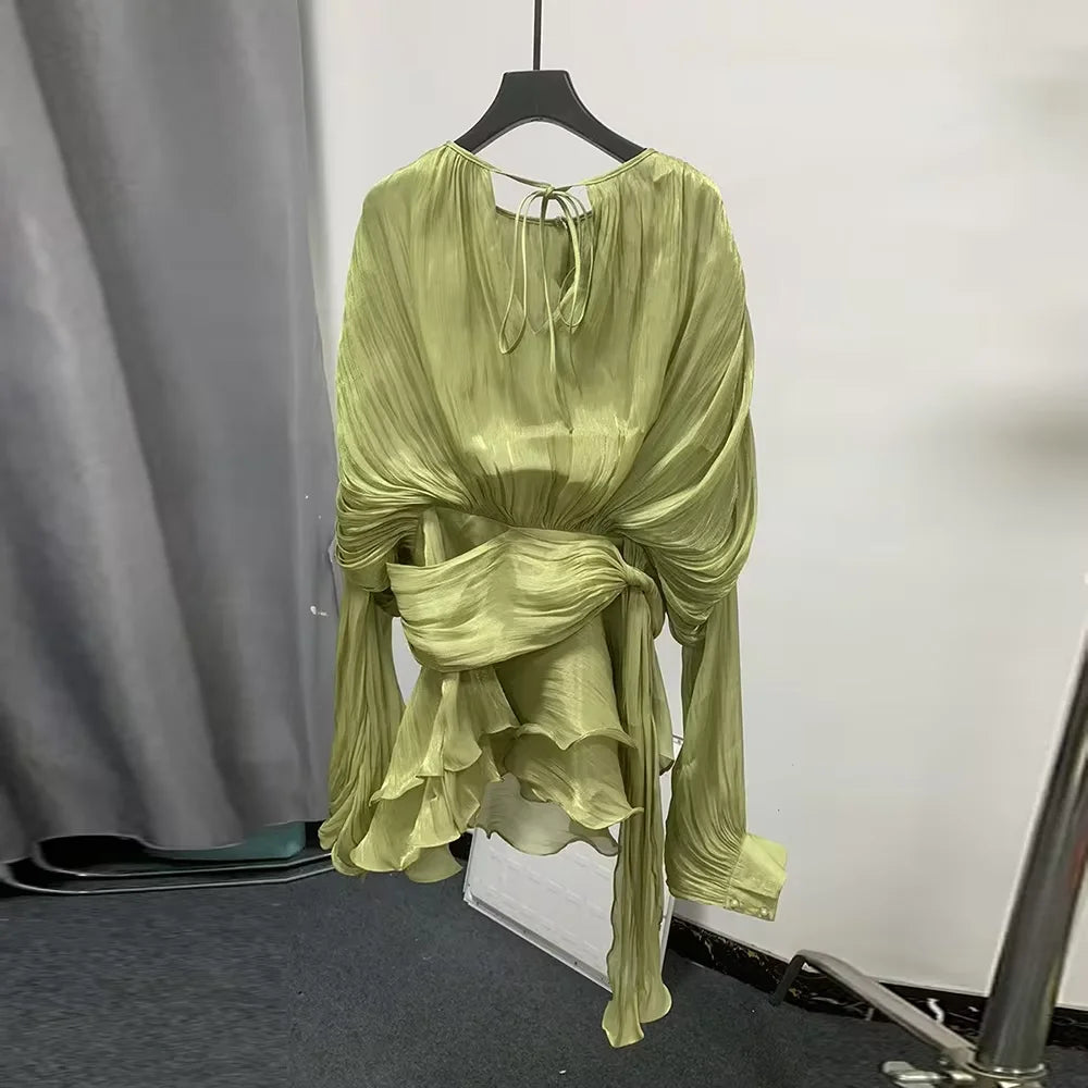 Solid Loose Spliced Lace Up Elegant Dresses for Women Round Neck Long Sleeves Patchwork Folds Dress Female Style LIGHTGREEN